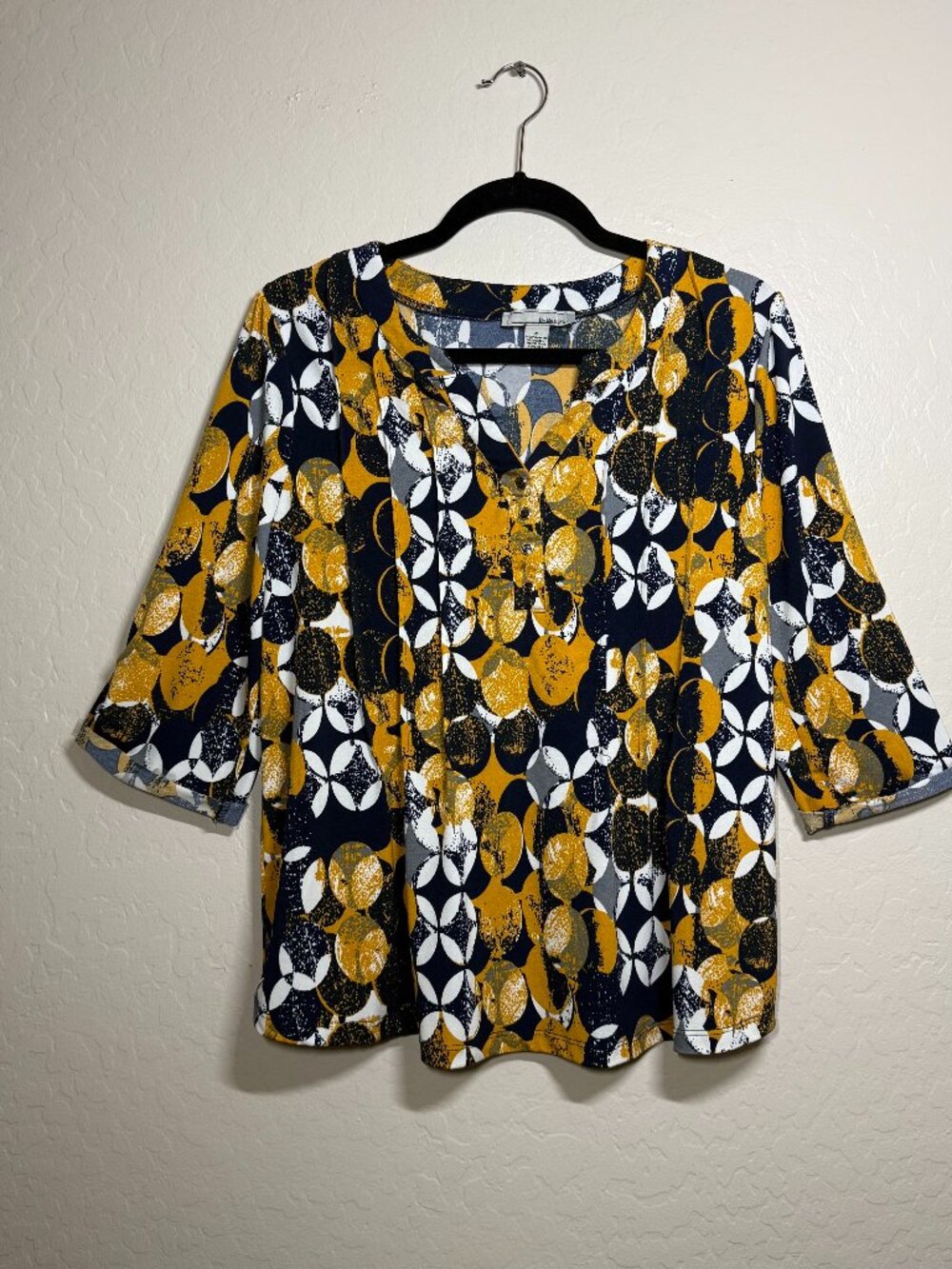 By Design Abstract Circle Print Top Yellow Black Split Neck Blouse / M